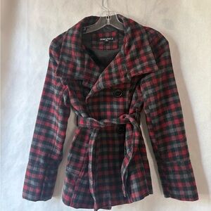 Women's Plaid Peacoat Jacket - Red and Black